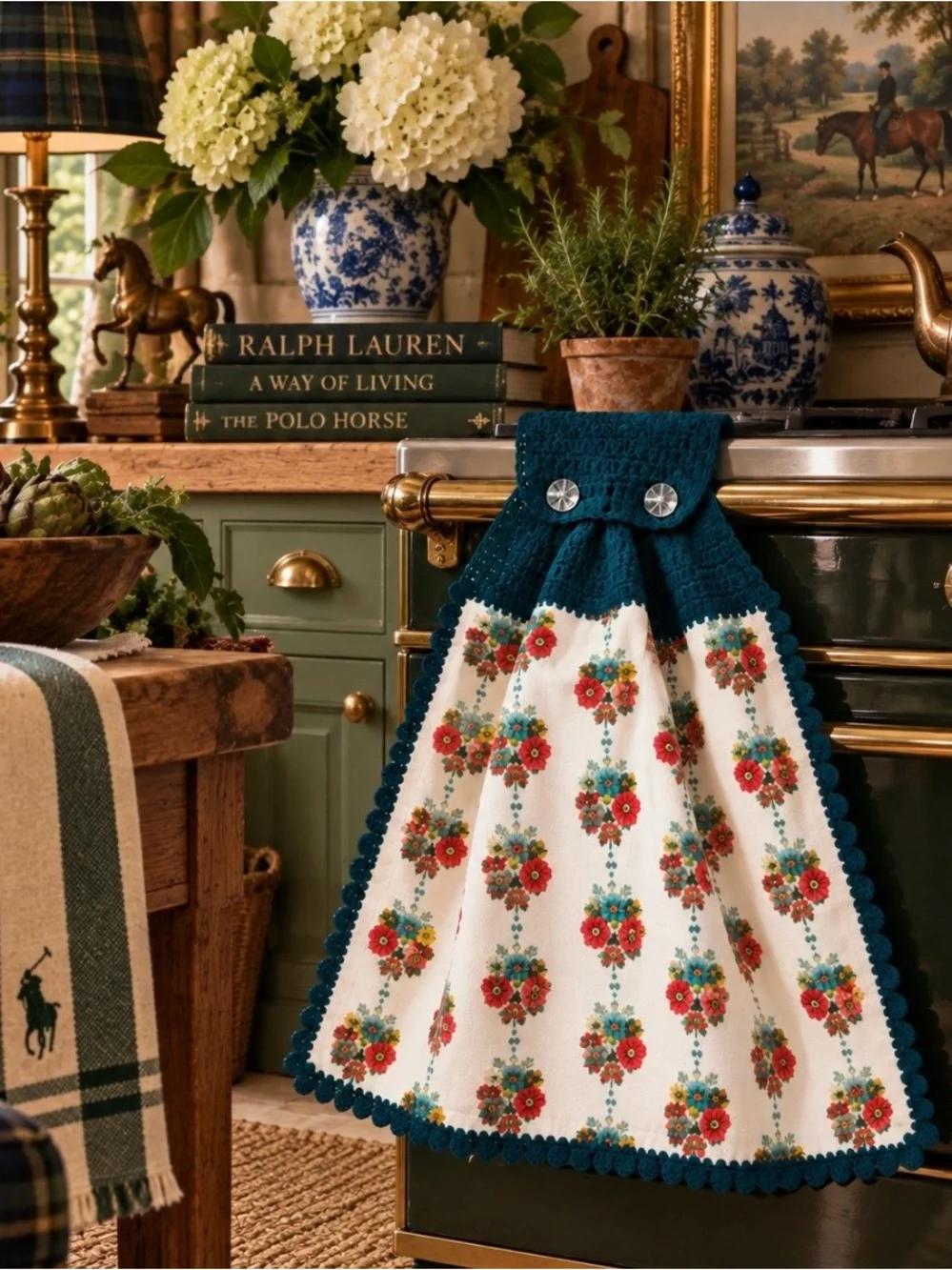 The Pioneer Woman Teal Crochet-Trim Floral Kitchen Towel